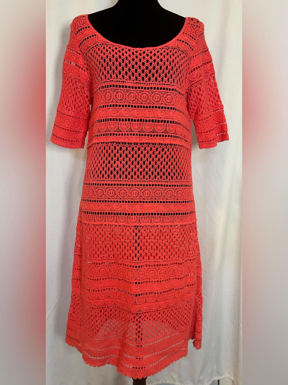 Solitane Coral Pink Crochet Lace Mini Dress Boho Short Sleeve M